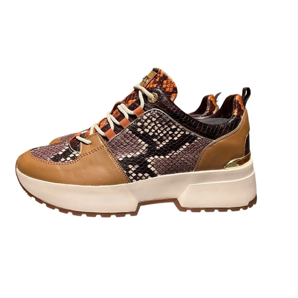 NWB Michael Kors Cosmo Woman's Sneakers Animal Snake Print Brown Gold Tan Sz‎ 9